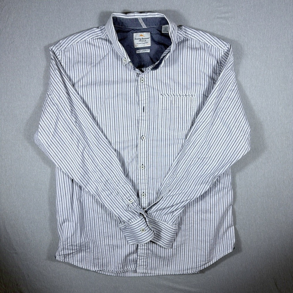Tommy Bahama XL White Blue Striped Shirt Mens Button Down Casual‎